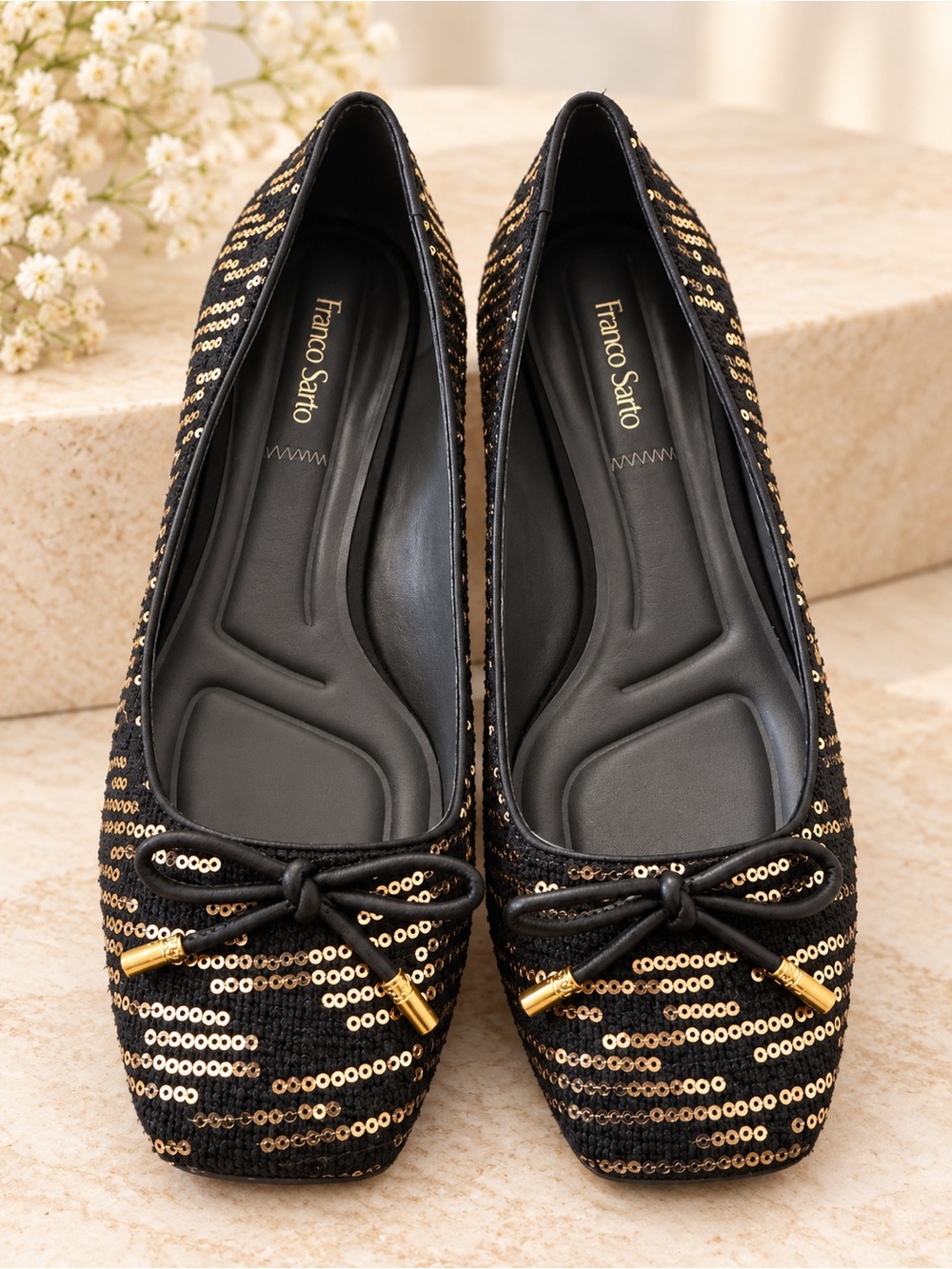 Franco Sarto Black Flats with Gold Sequin Stripes